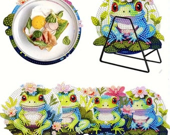 New: DIY 4 Adorable Frog Hot Pads Or Placemats With Flowers, 5D Diamond Painting Kit, Tools and Rhinestones Included