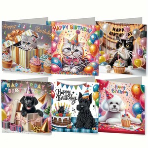 Tarjetas de cumpleaños con adorables gatos y perros: kit de pintura de diamantes DIY con gemas brillantes, herramientas y sobres. Juego de 6 tarjetas de felicitación.