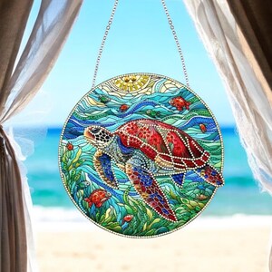 Peinture attrape-soleil diamant tortue de mer – Décoration de fenêtre suspendue recto-verso en 5D avec strass et outils, thème océan