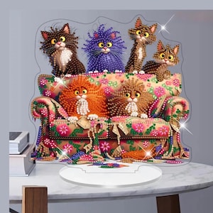 Décoration de table Wacky Couch Cats - Kit de peinture diamant bricolage recto-verso avec strass et outils - Artisanat félin original