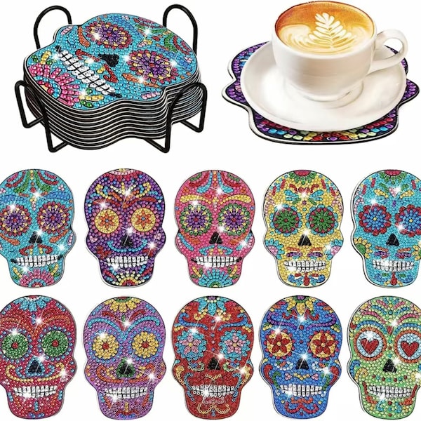 10 DIY Sugar Skull Coasters With This Diamond Painting Kit, Tools and Rhinestones Included