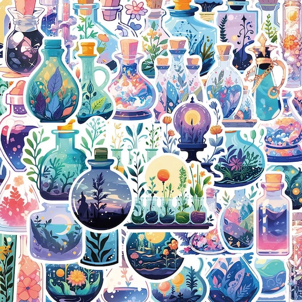 50 Magical Wishing Bottle Stickers, Nature Scenes In Beakers and Tubes, High Quality Decal Craft Stickers
