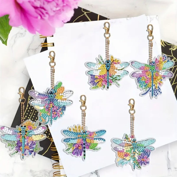DIY 6 Double Sided Dragonfly Keychains/Ornaments, Diamond Painting Kit, Includes Tools and Rhinestones