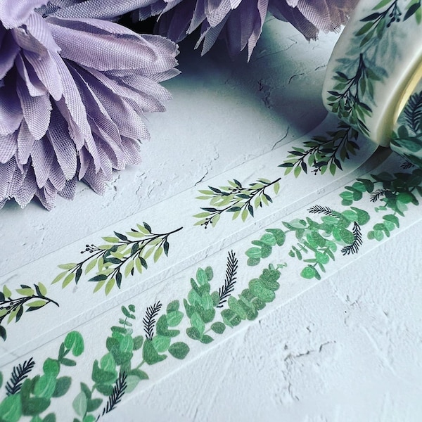 Eucalyptus Branches, Lush Bush With Berries, Shades Of Green, Washi Tape Roll