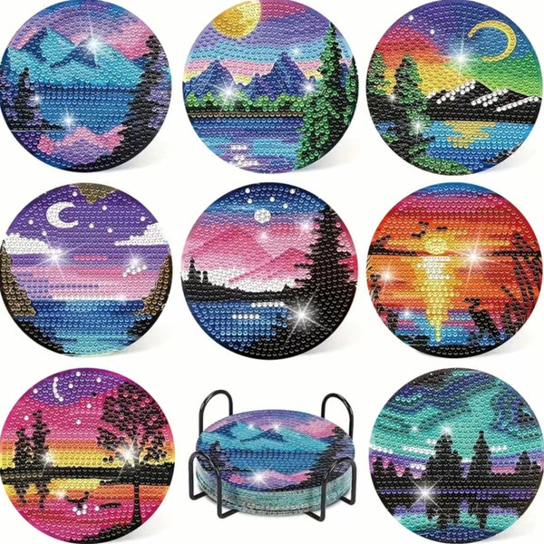 DIY 8 Serene Landscape Coasters With Aurora Lights, 5D Diamond Painting Kit, Tools and Rhinestones Included