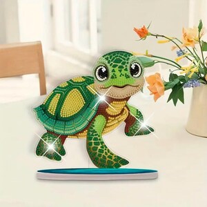 Kit de pintura de diamantes DIY de tortuga marina: decoración de mesa con temática de playa con diamantes de imitación y herramientas: exhibición de acrílico de una sola cara