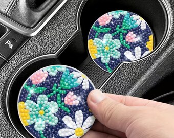 DIY 2 Floral Car Coasters, A Fun Diamond Painting Kit, Perfect For Beginners, Tools and Rhinestones Included