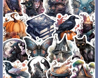 50 Witchy Halloween Stickers With Spell Books, Cauldrons, Black Cats And Unique Houses, High Quality Decal Craft Stickers