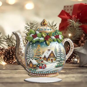 Élégante théière de Noël, kit DIY 5D de peinture diamant - attrape-soleil ou kit de table avec outils et strass
