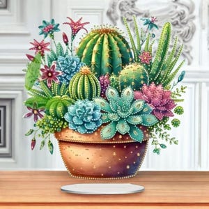 Kit de peinture diamant à faire soi-même pour table ou attrape-soleil - Succulents cactus - Décoration simple face avec strass et outils inclus