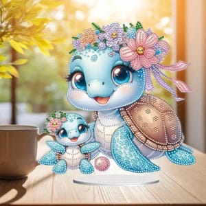 Kawaii Schildkröte und Schildkröte - DIY Diamant Malerei Tischdekoration Set mit Ständer, Strasssteine & Werkzeuge - Niedliches Ocean Craft Geschenk