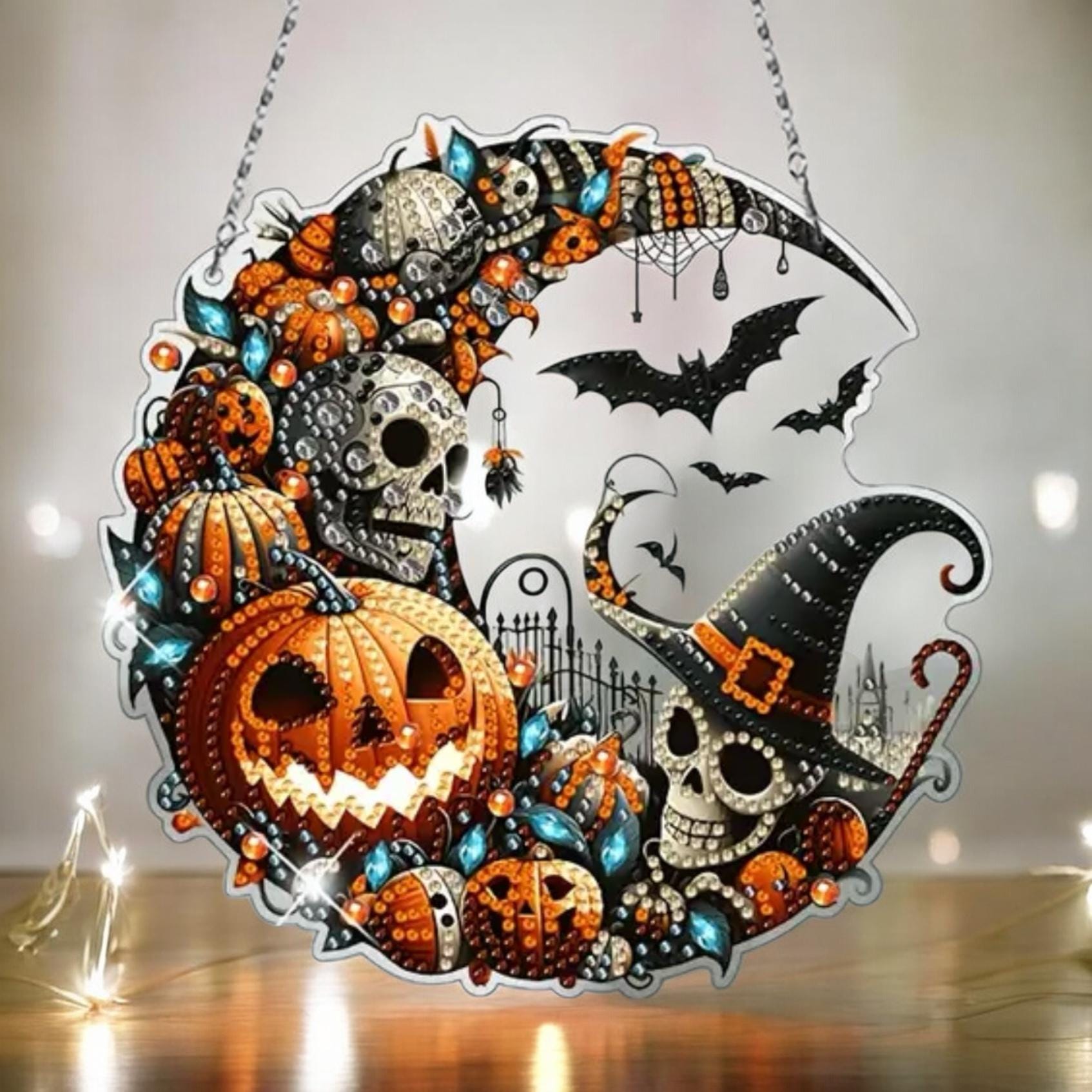 DIY Halloween Crescent Skull & Pumpkin Sun Catcher | Single Sided