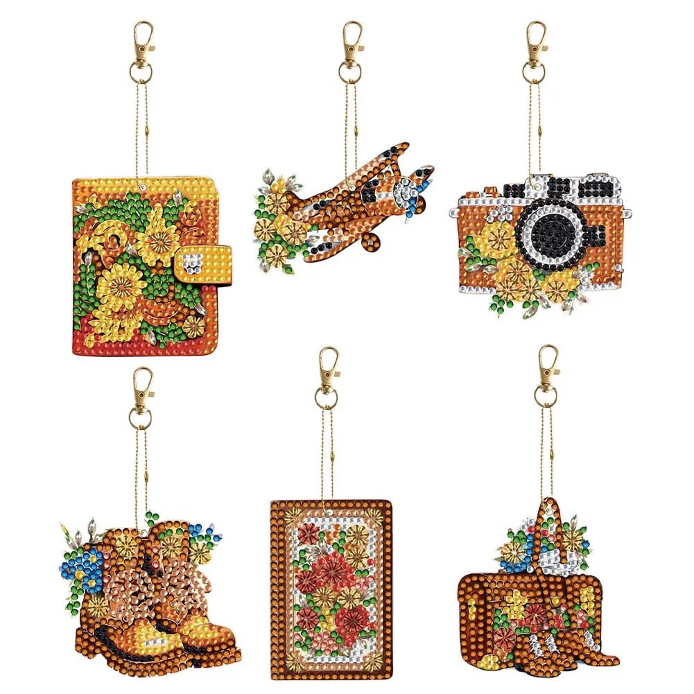 DIY 6 Travel the World Ornaments/keychains, DIY 5D Diamond Painting Kit,  Includes Tools and Rhinestones 
