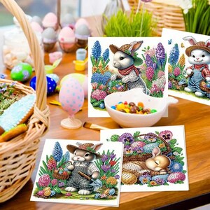 Gartenhase Ostern Diamant Malerei Karten - DIY handgemachte Grußkarte Set von 6 mit Strasssteinen & Werkzeugen
