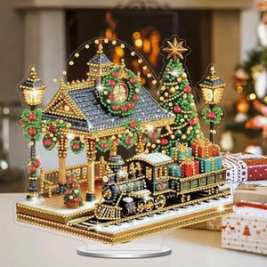 Weihnachts-Schnellzughaltestelle 3D Diamant Malerei Kit - DIY Handwerk mit Werkzeugen und Strasssteinen