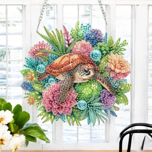 Atrapasueños de tortuga de arrecife floral – Kit de pintura de diamantes DIY con diamantes de imitación y herramientas – Decoración colgante de ventana de una sola cara