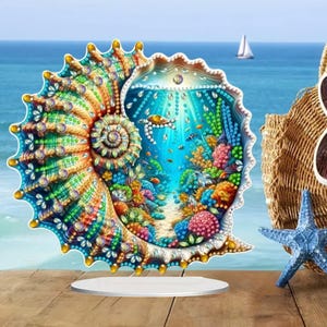 May include: A circular decorative plaque shaped like a seashell, featuring a vibrant diamond art mosaic of an underwater coral reef scene with a sea turtle, colourful coral formations, and small fish, accented with reflective faceted gems.