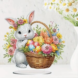 Osterhase Diamant Malerei Set - Frühlingshafte Tischdekoration mit Blumenkorb, Strasssteinen & Werkzeugen