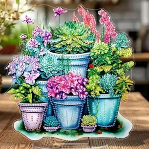 Colorful Potted Succulents Table Decor – DIY Diamond Painting Kit with Rhinestones & Tools – Single Sided Garden Craft Display