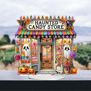 May include: A colorful, decorative Halloween-themed candy store with the text "HAUNTED CANDY STORE" on the sign. The store features pumpkins, ghosts, and various candies. The store is decorated with bright colors and lights.