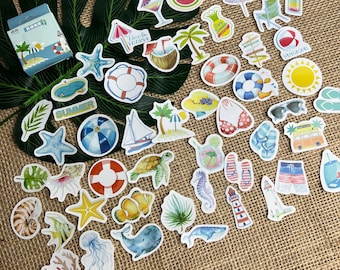 Summer Fun With Beach and Pool Necessities, Flip Flops, Sun Glasses, Palm Trees and Salt Water Fish, 50 Deco Stickers