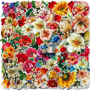May include: A collection of colorful flower stickers featuring various types of flowers, including roses, sunflowers, lilies, and daisies. The stickers are perfect for adding a touch of nature to crafts, journals, and other projects.