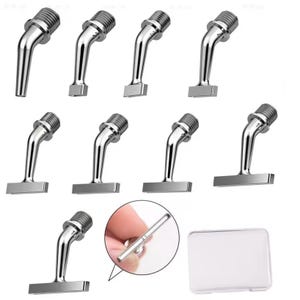 May include: A collection of nine silver-colored metal tools with angled necks and threaded tops. Each tool has a different shaped base. One tool is held by a person's fingers in a circular inset. A clear plastic case is also included.
