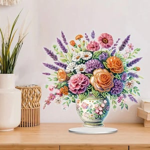 Floral Vase Table Decor – DIY Diamond Painting Kit with Rhinestones & Stand – Colorful Flower Arrangement – Single Sided