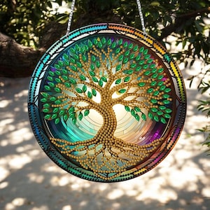 Capteur de soleil Arbre de vie - Kit de peinture diamant à faire soi-même recto-verso avec outils et strass