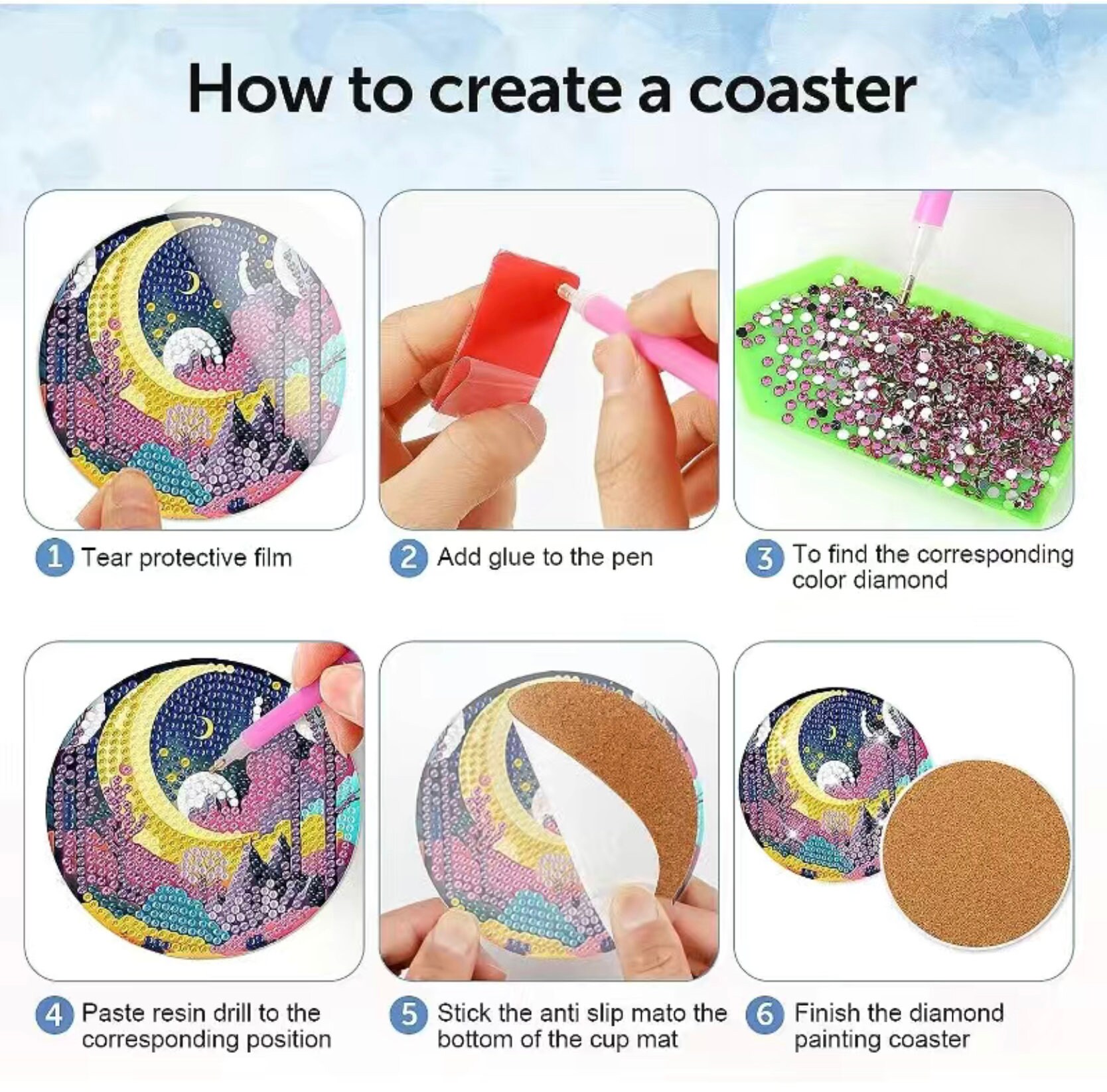 New 6 Pcs Diamond Dot Coasters with Holder Reusable Acrylic Diamond Art  Coasters Set for Beginners Non-Slip Cute Cat DIY Diamond