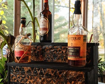 MADE TO ORDER Handcrafted Tiki Bar Display Shelf – Burnt Wood Bottle Stand/Mug Display