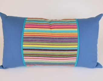 Decorative Handmade Throw Pillow, Bright Colorblock Pillow, Ticking Stripes in 100% cotton, Lumbar Pillow 14 x 24"