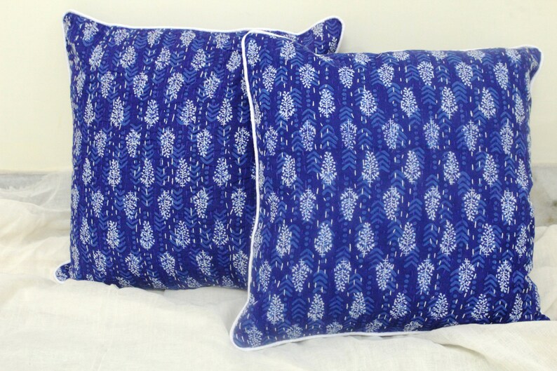 May include: Two blue and white patterned throw pillows with white piping. The pillows have a floral design and are made of a soft, quilted fabric.