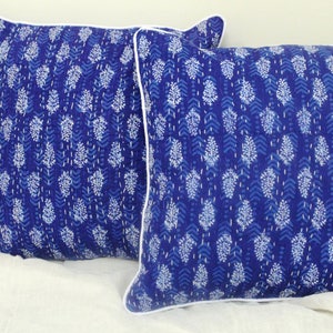 May include: Two blue and white patterned throw pillows with white piping. The pillows have a floral design and are made of a soft, quilted fabric.