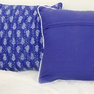 May include: Two decorative throw pillows with white piping. One pillow has a blue and white floral pattern, and the other is solid blue.