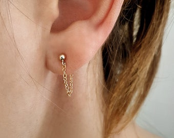 14 K dainty earrings, Jacket earrings, Solid gold studs, Gold chain earrings, 14K real gold earring, Front and back earrings, chain earrings
