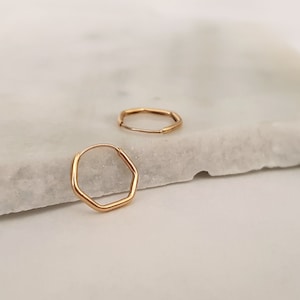 14 K Gold Hexagon Earrings, Solid Gold hoop earrings, Geometric Earrings, Hexagon small hoops, Minimalist Earrings, Casual hoops image 2