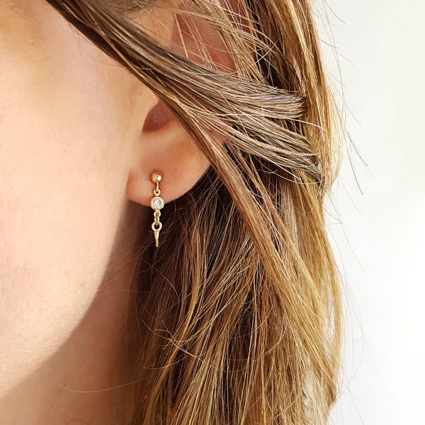Solid gold earring, 14K gold dangle earrings, Real gold charm earrings, Dainty dangle earrings, CZ crystal earring, gift for women/daughter