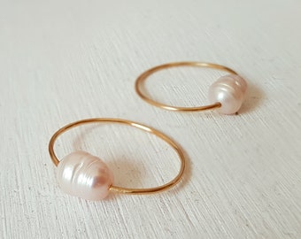 Real 14 K gold hoops, Solid gold hoop earrings, White pearl earrings, Simple wire hoops, Elegant hoops, Pearl hoop drop earring