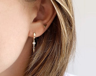 14 K Gold dangle hoops, Solid gold drop earrings, Charm earrings, CZ charm hoop earrings, Real gold hoops, gold gift for her, free shipping