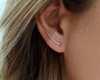 14 K Gold Ear Climber, Dainty Ear Crawler, Ear Cuff, Hammered ear climber, Minimalist Earrings, Tiny earrings, Real Gold Earrings