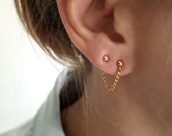 Double piercing earring, Solid gold earring, Gold chain earring, 14K real gold earring, Real gold earrings set, Double stud earring
