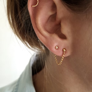 Double piercing earring, Solid gold earring, Gold chain earring, 14K real gold earring, Real gold earrings set, Double stud earring