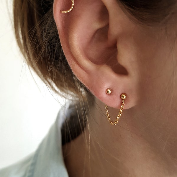 Double Piercing Ohrringe, Massive Gold Ohrringe, Gold Kette Ohrringe, 14K Echtgold Ohrringe, Echtgold Ohrringe Set, Doppelohrstecker