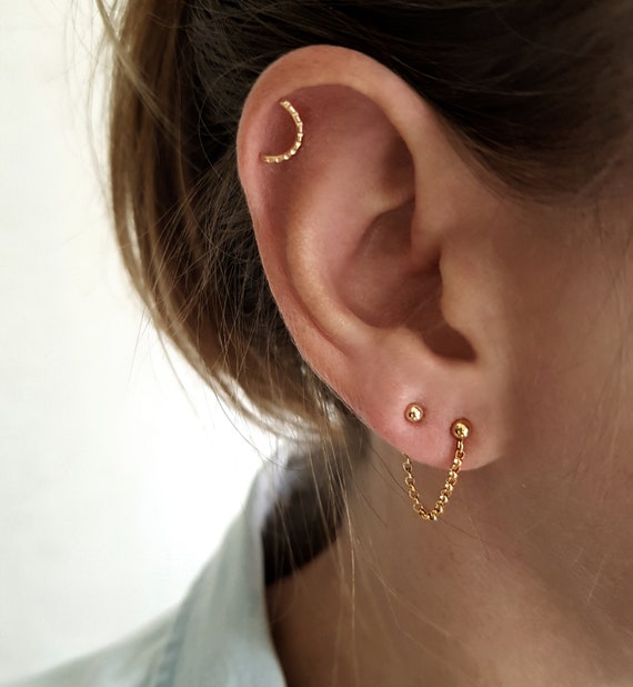 Double Piercing Earring Solid Gold Earring Gold Chain  Etsy  Double stud  earrings Chain earrings Gold chain earrings