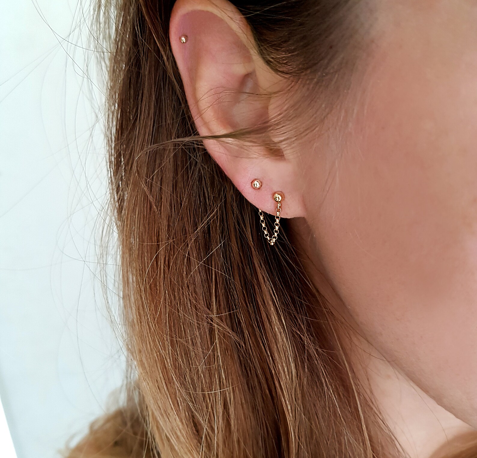 Ohrring Mit Kette Für 2 Ohrlöcher Doppel piercing Ohrring massivem gold Ohrring Gold Kette | Etsy