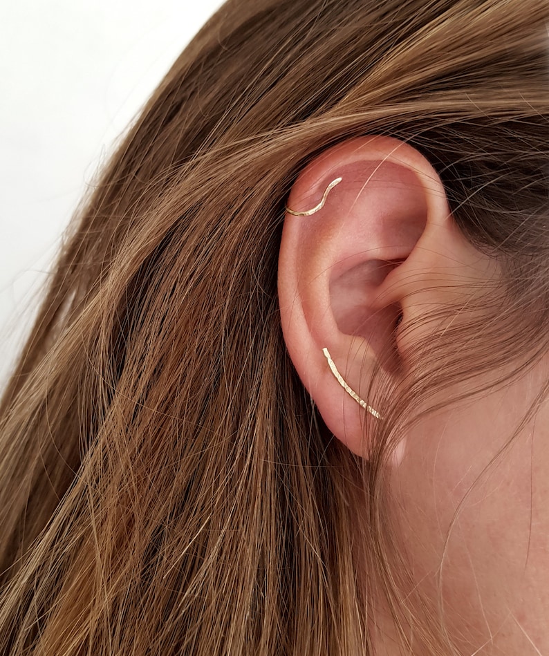 14 K Gold Ear Climber Dainty Ear Crawler Ear Cuff Hammered Etsy