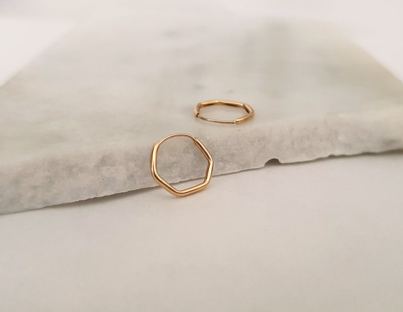 14 K Gold Hexagon Earrings, Solid Gold hoop earrings, Geometric Earrings, Hexagon small hoops, Minimalist Earrings, Casual hoops image 2