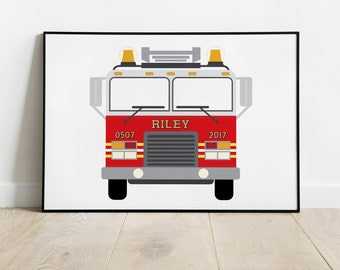 Personalised Fire Engine Print, Fire Truck Wall Art, Nursery Décor, Boys Bedroom Art, New Baby Gift, Firetruck Wall Art