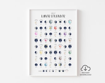 May include: A 2027 lunar calendar wall print featuring watercolour illustrations of moon phases and celestial events. The white poster displays rows of circular moon icons in various shades of blue, pink, yellow, and grey, with text labels for each date and a legend at the bottom.